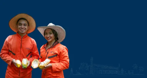 Mujer y hombre con uniforme naranja con un fruto del cacao