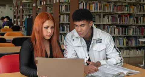 Personas en una biblioteca frente a un computador