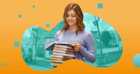 Portada Bibliotecología y Estudios de la Información de la Universidad de La Salle, mujer sosteniendo unos libros