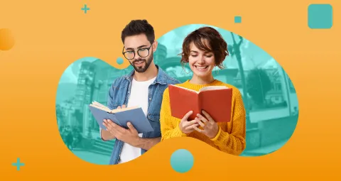 Portada Filosofía y Letras de la Universidad de La Salle. Hombre y Mujer sosteniendo libros