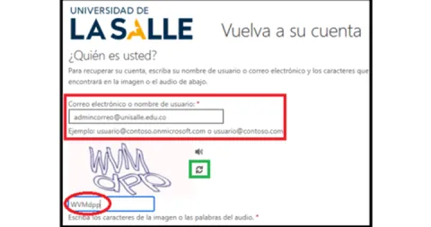 Pantalla de recuperación de cuenta con ingreso de correo y verificación CAPTCHA.