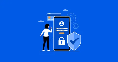 Ilustración de inicio de sesión seguro en un celular, con usuario, candado y escudo de verificación que representan protección y autenticación digital.