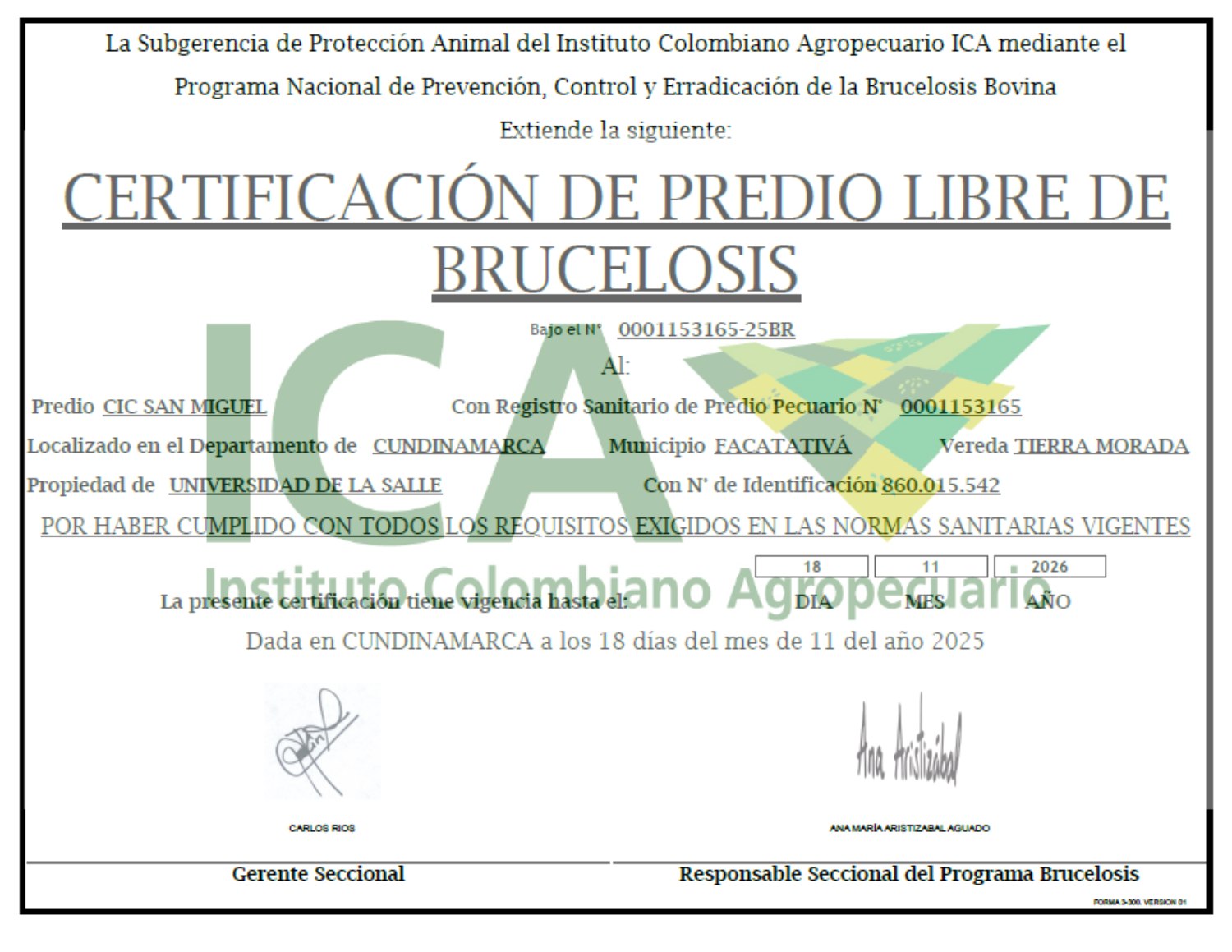 Certificado Predio Libre de Brucelosis San Miguel