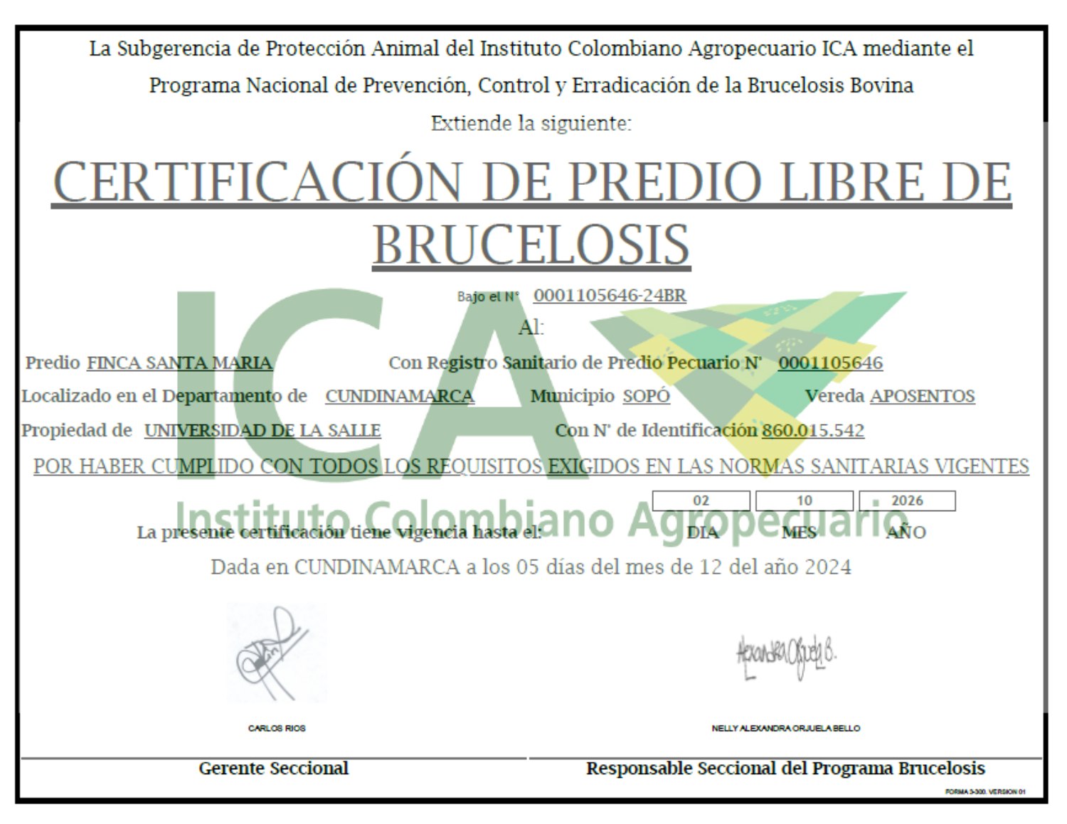 Certificado Predio Libre de Brucelosis Santa María