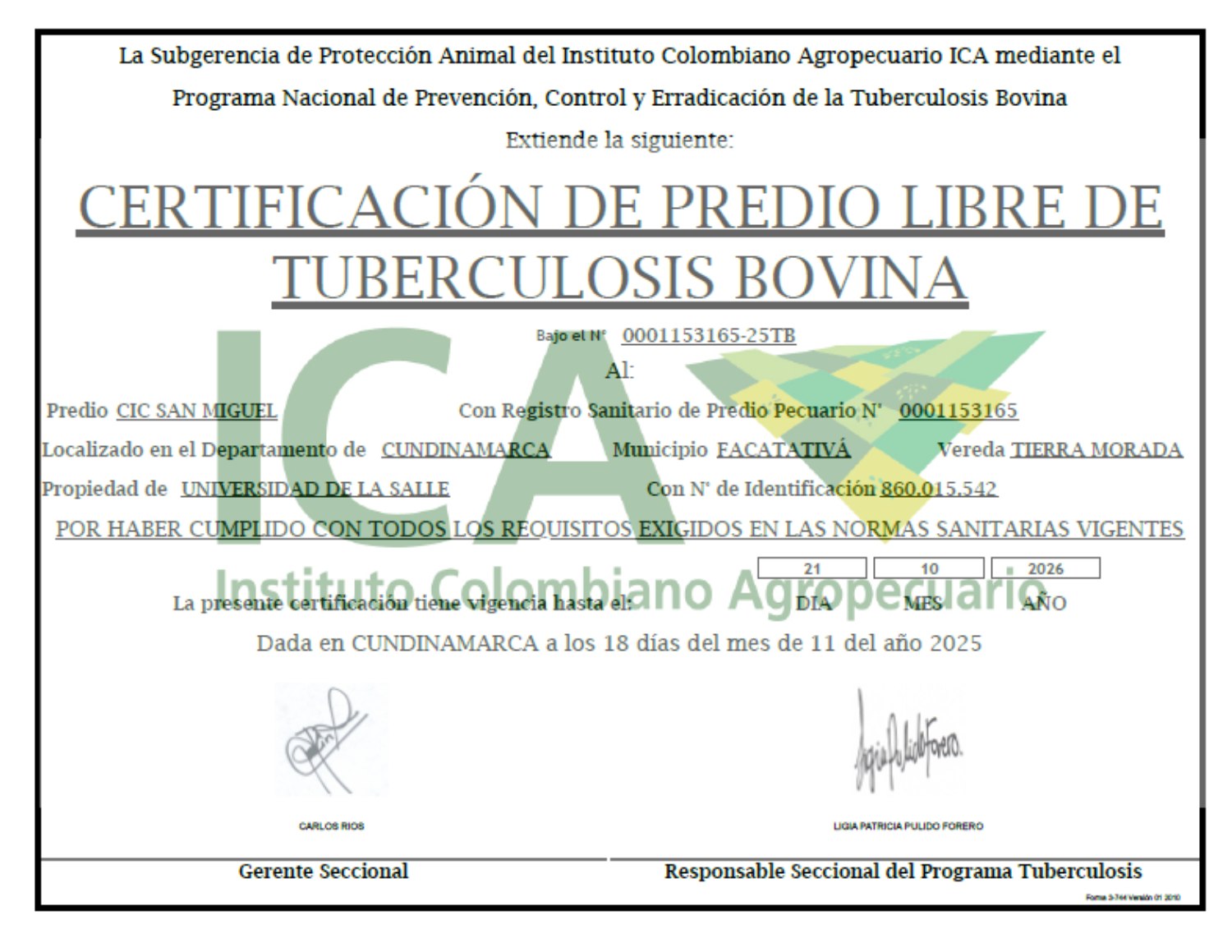 Certificado Predio Libre de Tuberculosis San Miguel