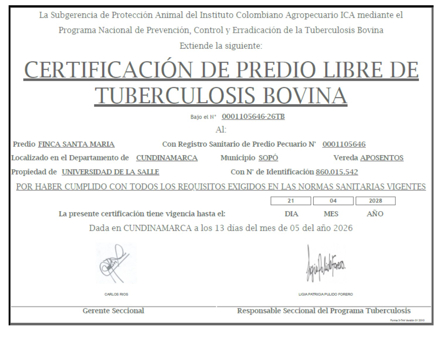 Certificado Predio Libre de Tuberculosis Santa María