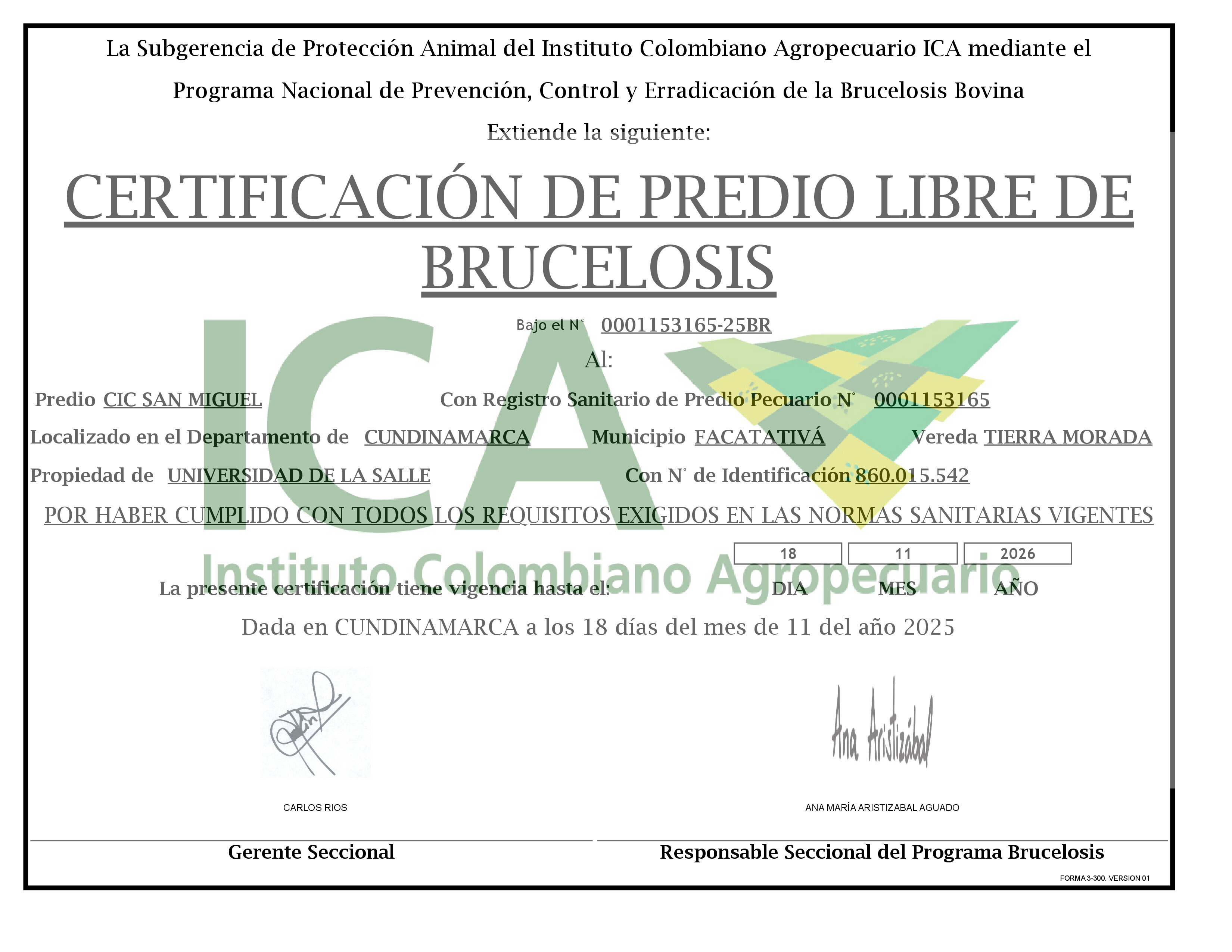 Certificado Predio Libre de Brucelosis Bovina