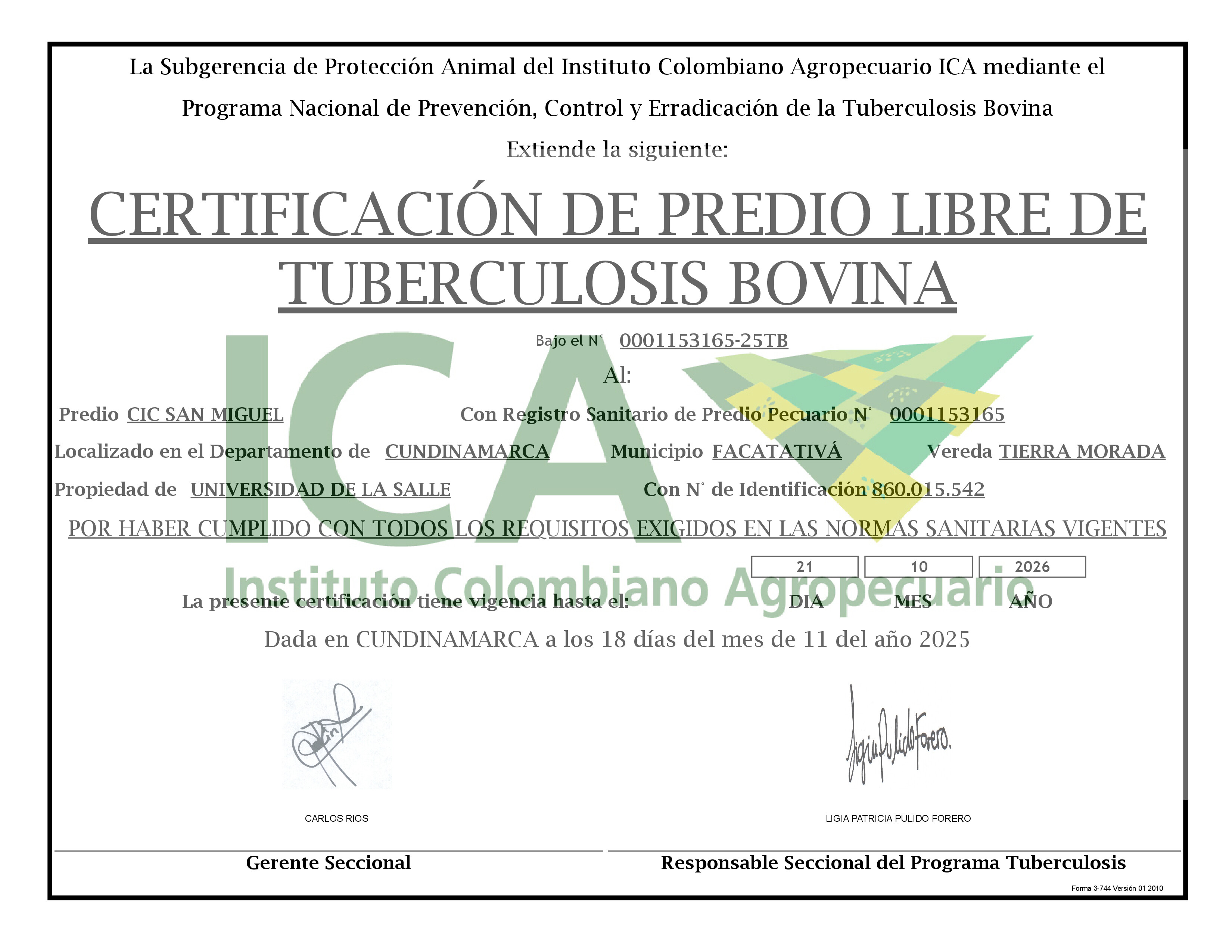 Certificado Predio Libre de Tuberculosis San Miguel