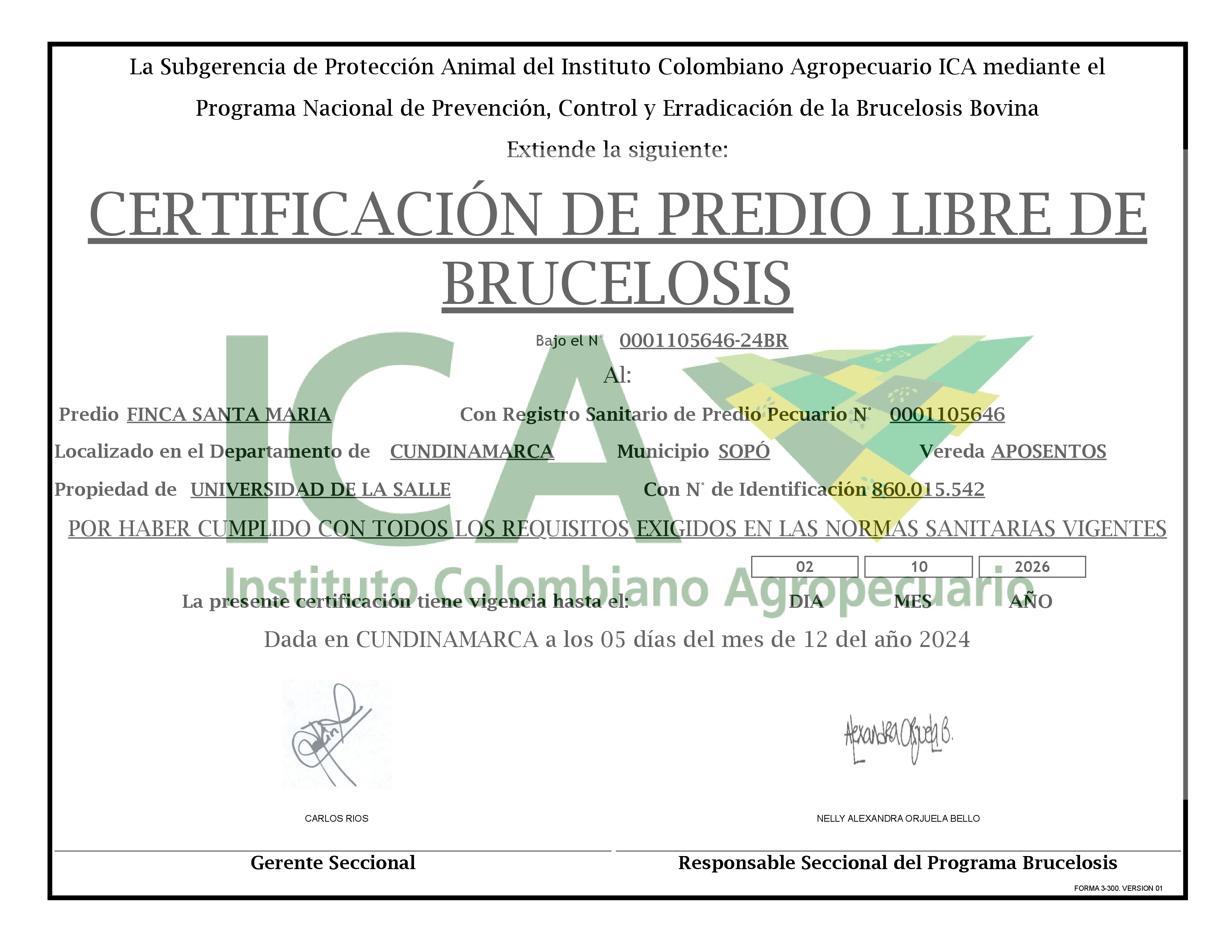 Certificado Predio Libre de Brucelosis Bovina