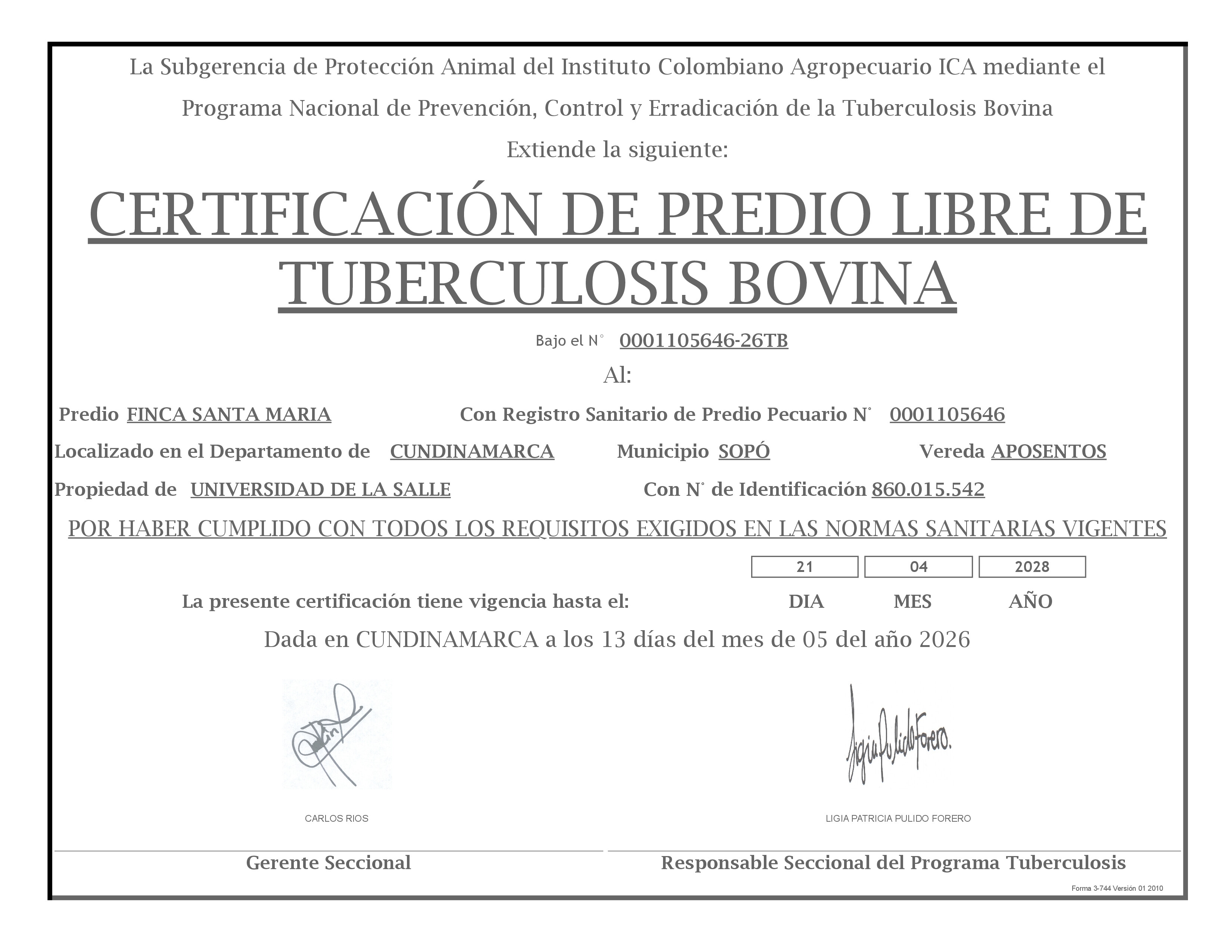 Certificado Predio Libre de Tuberculosis Santa Maria