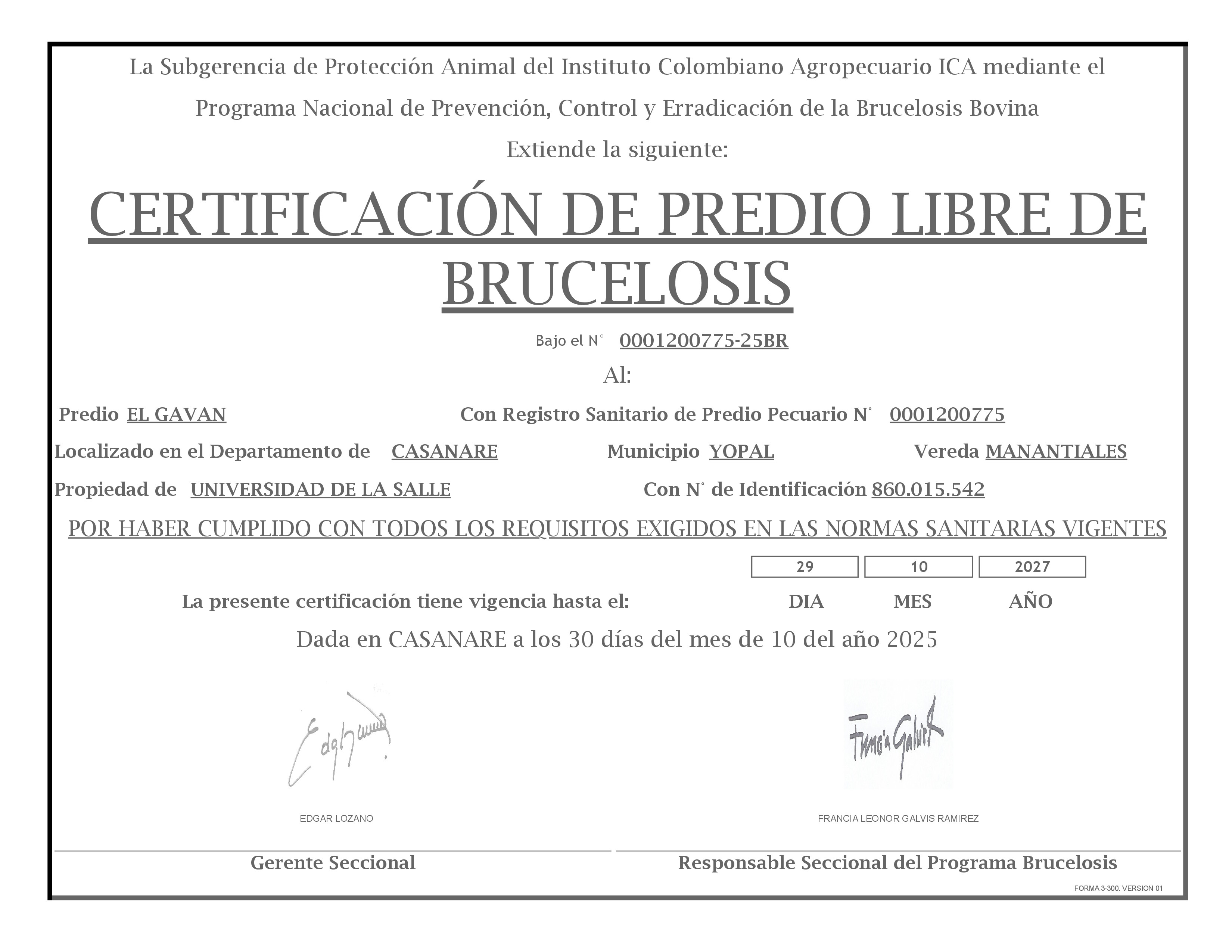 Certificado Predio Libre de Brucelosis Gaván