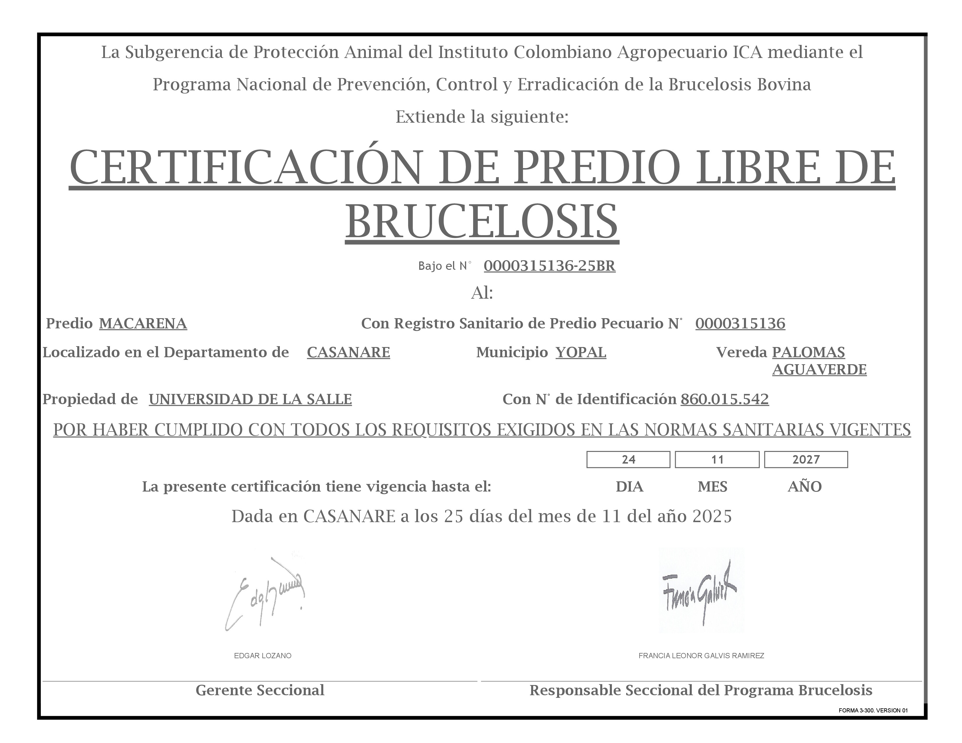 Certificado Predio Libre de Brucelosis Macarena