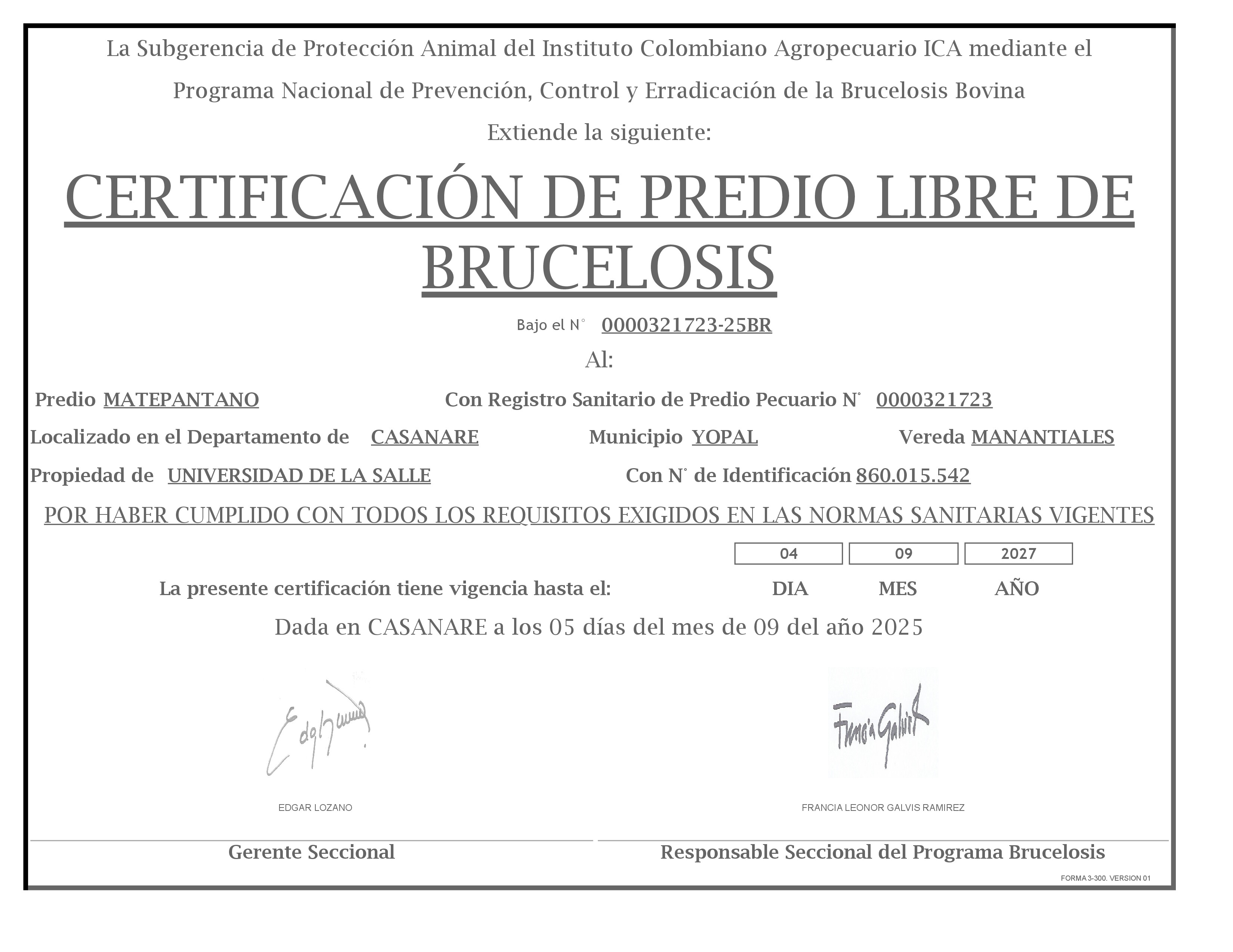Certificado Predio Libre de Brucelosis Matepantano