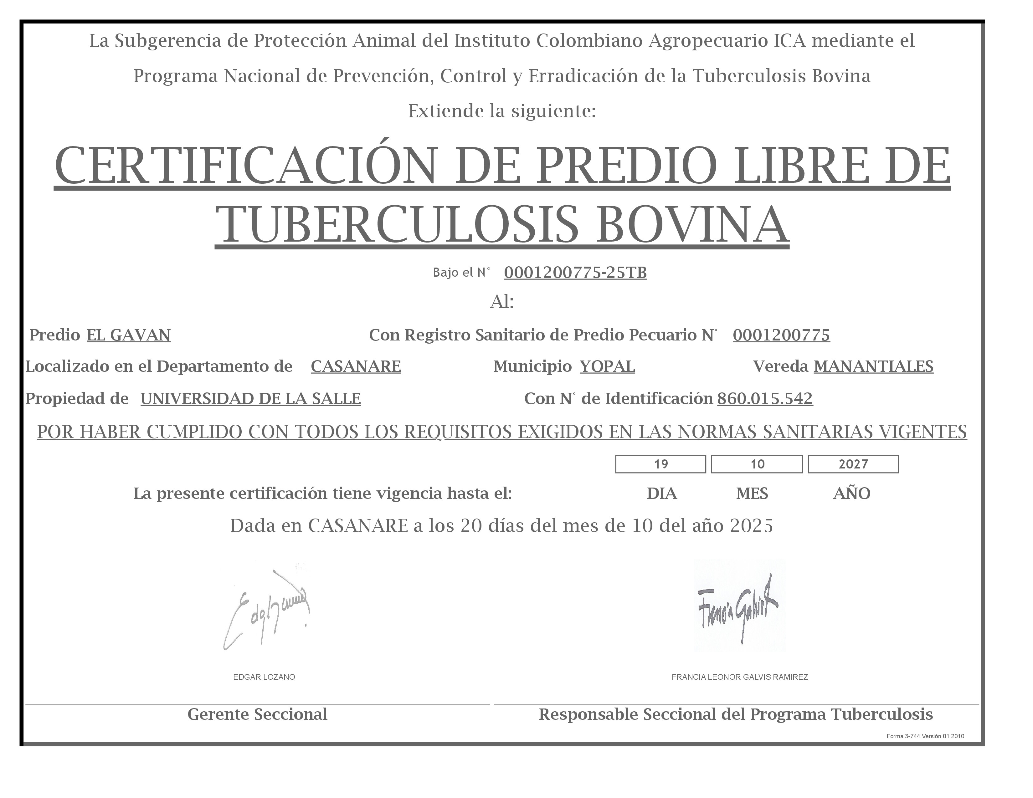 Certificado Predio Libre de Tuberculosis Gaván