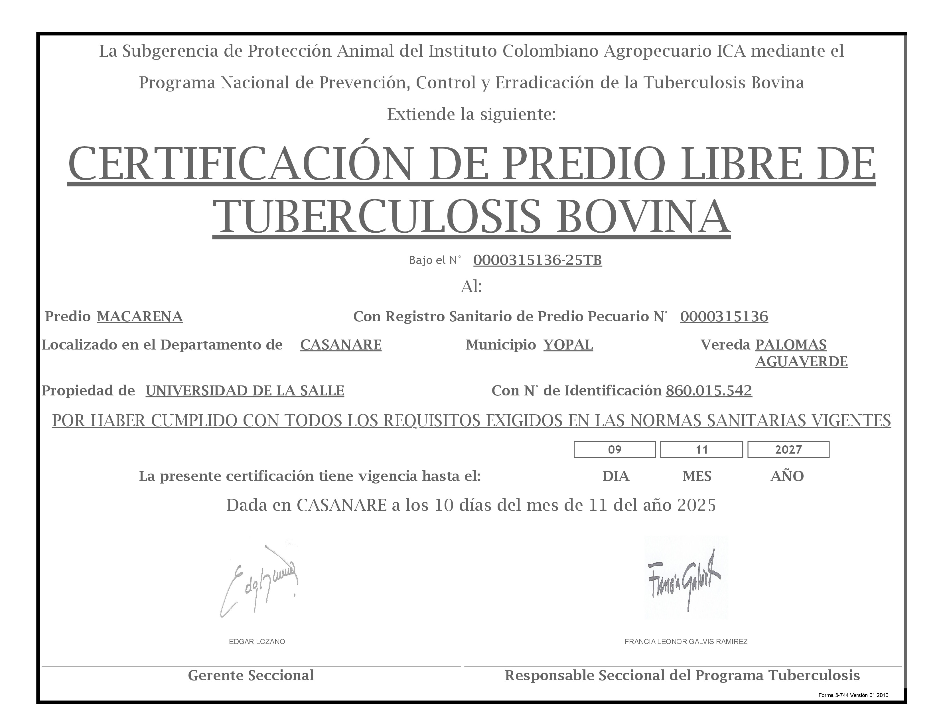 Certificado Predio Libre de Tuberculosis Macarena