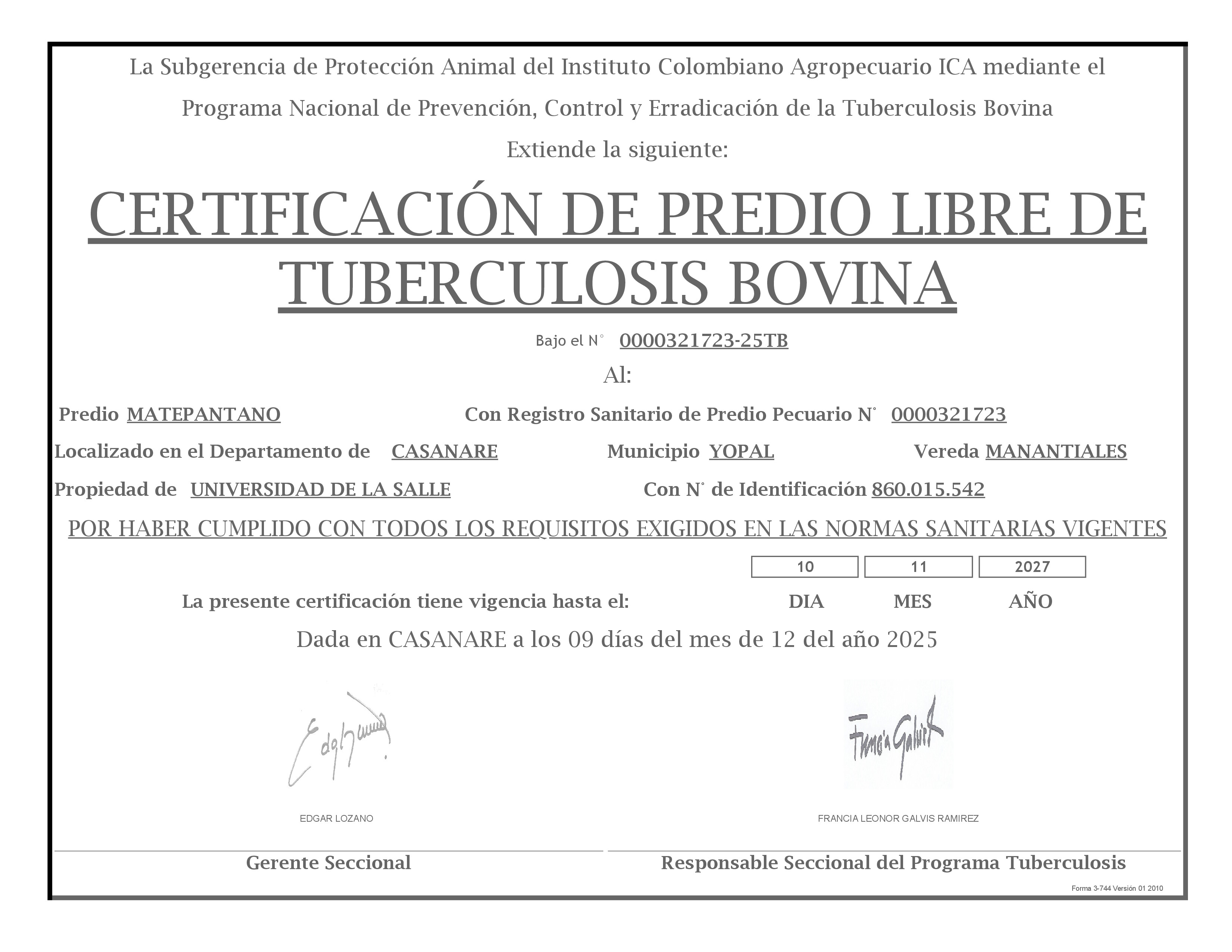 Certificado Predio Libre de Tuberculosis Matepantano
