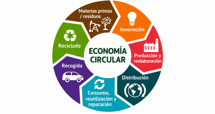Ciclo de la economía circular que representa el aprovechamiento y transformación de los recursos