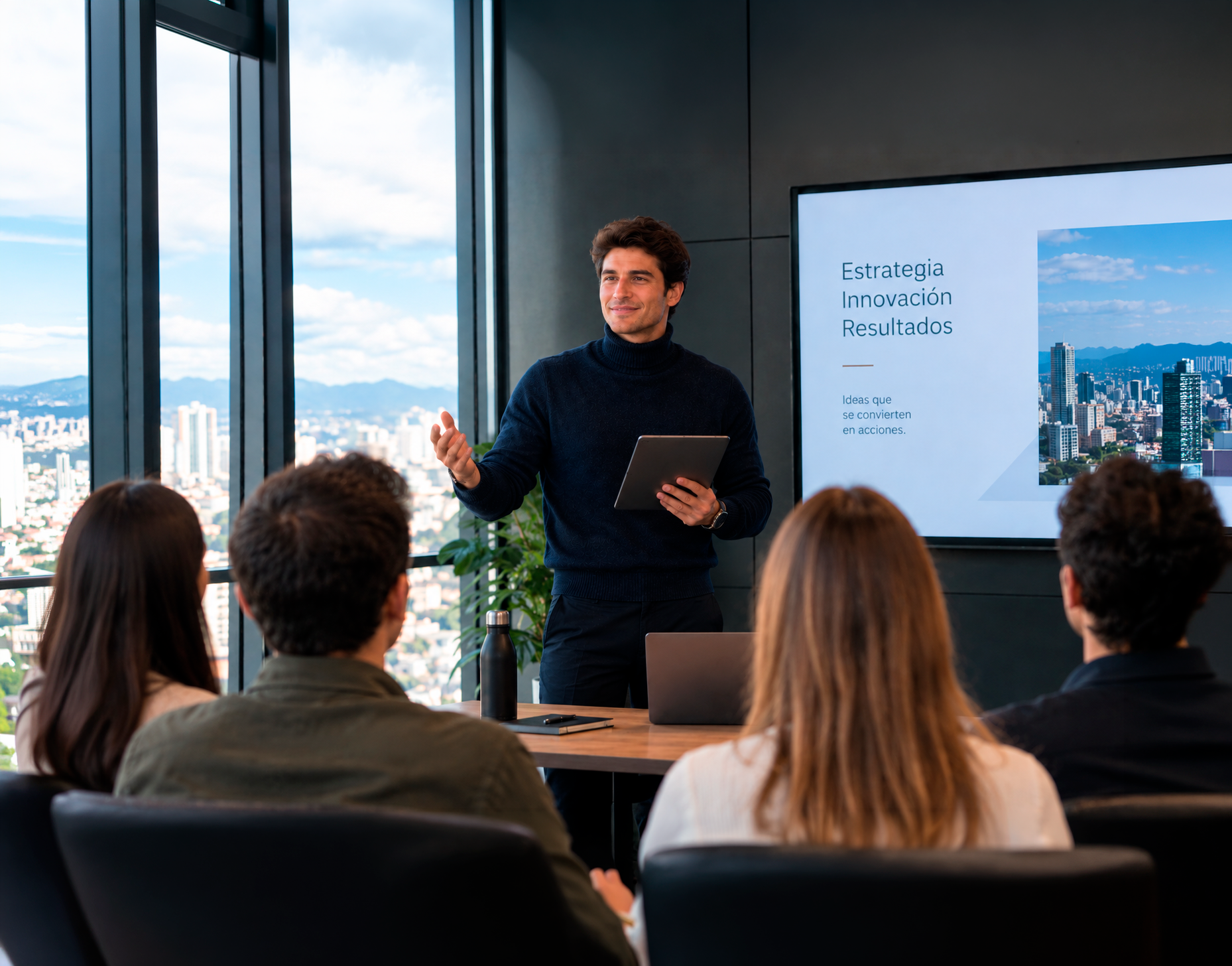 Profesional en una presentación ejecutiva sobre liderazgo e inteligencia artificial