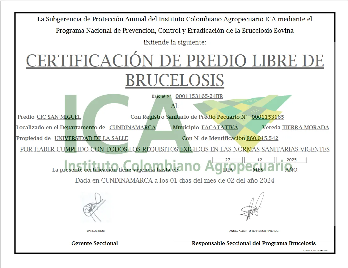 Certificado Predio Libre de Brucelosis San Miguel
