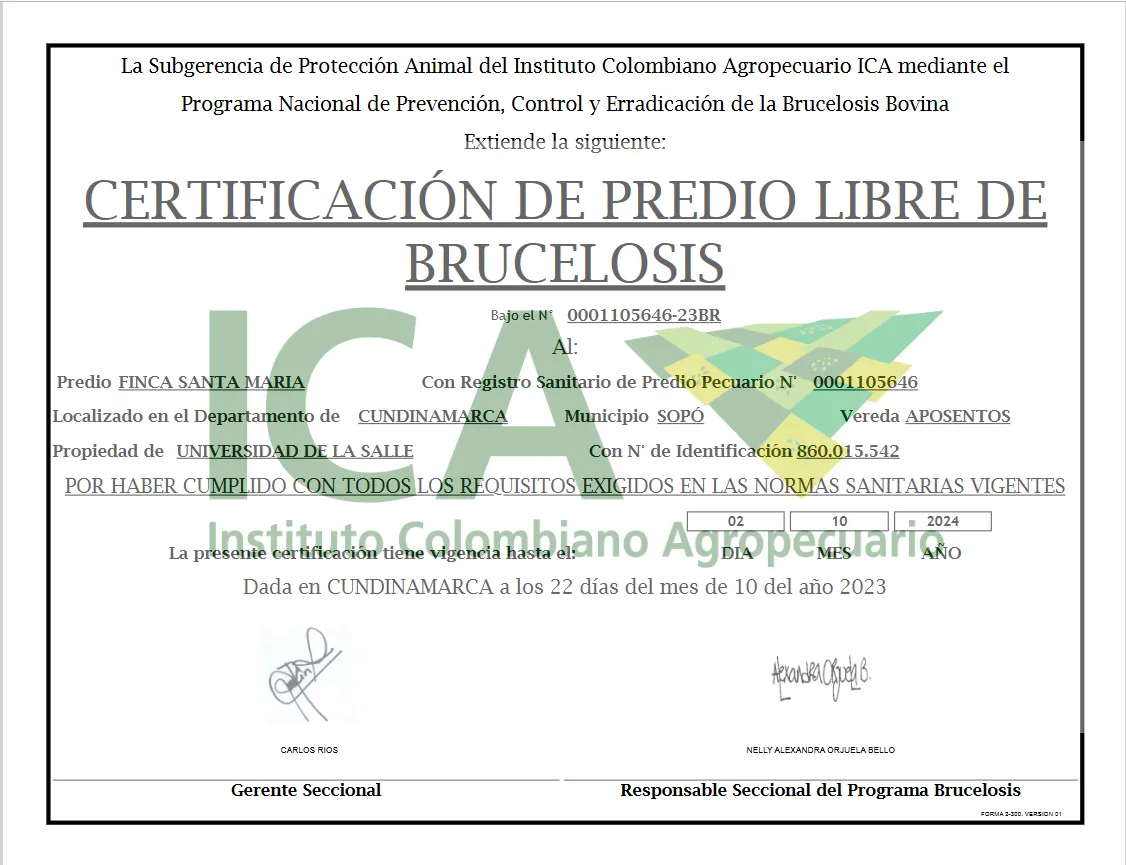 Certificado Predio Libre de Brucelosis Santa María