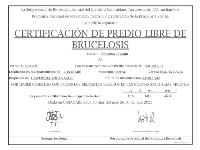 Certificado Predio Libre de Brucelosis Gavan