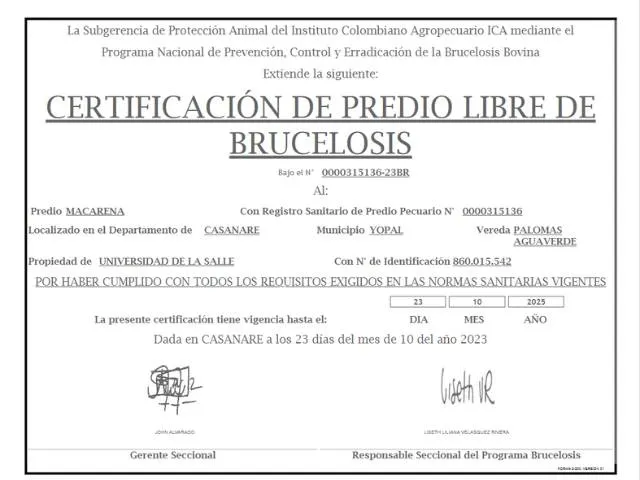 Certificado Predio Libre de Brucelosis Macarena