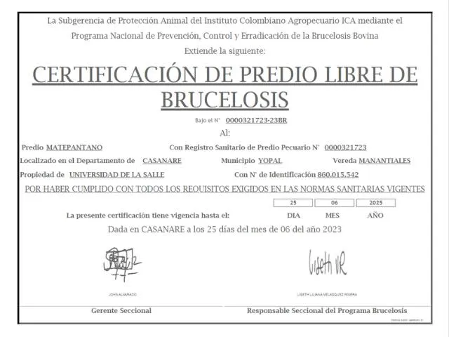 Certificado Predio Libre de Brucelosis Matepantano
