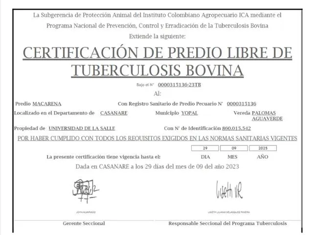 Certificado Predio Libre de Tuberculosis Macarena