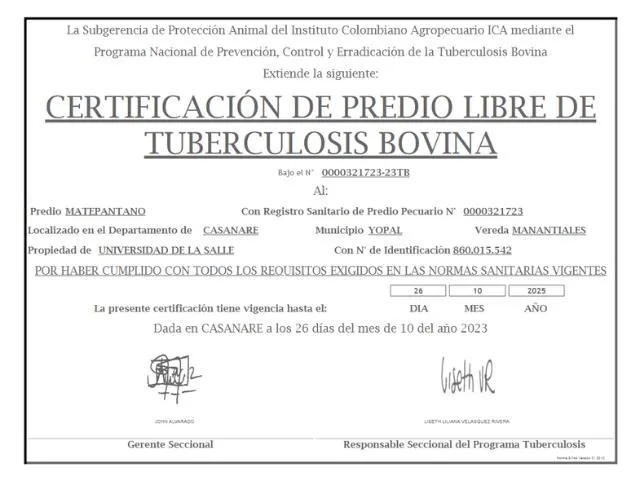 Certificado Predio Libre de Tuberculosis Matepantano