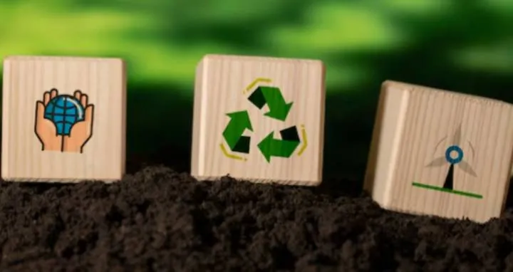 Cubos de madera sobre el campo con iconos de sostenibilidad