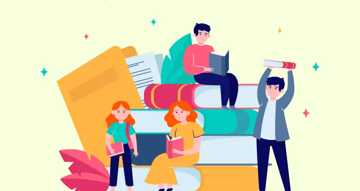 Ilustración con personas leyendo libros