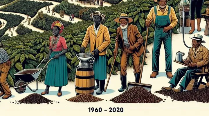 Ilustración de campesinos junto a los cultivos de café