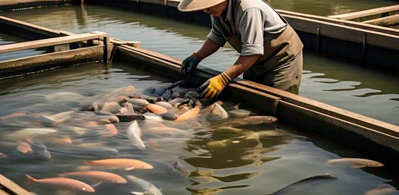 Hombre alimentando peces