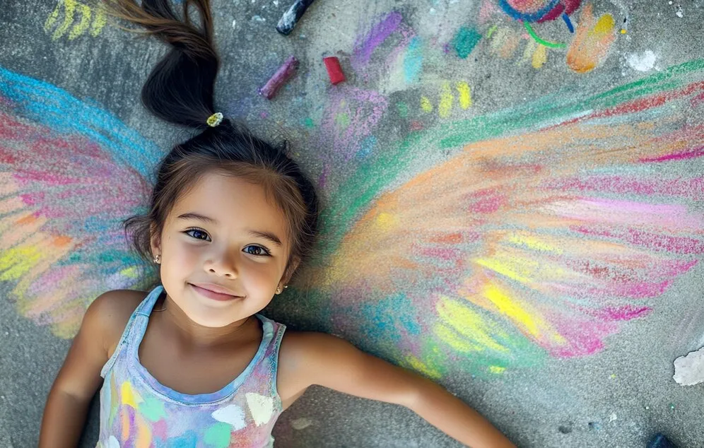 Niña con alas coloreadas en el suelo