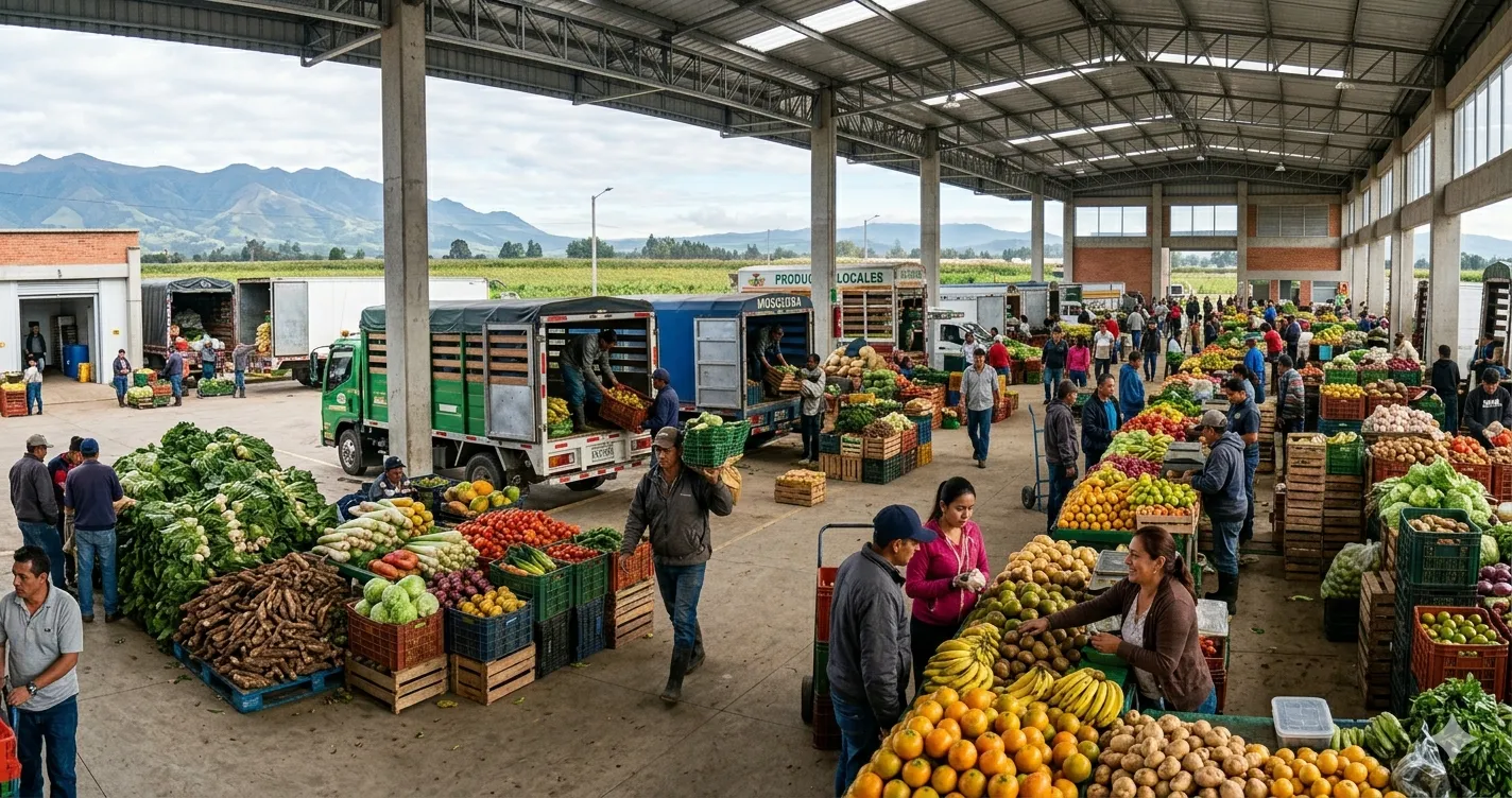 Mercado mayorista de alimentos fresco y bullicioso con camiones descargando,...