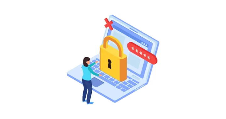 Ilustración de seguridad digital con un candado protegiendo un computador...